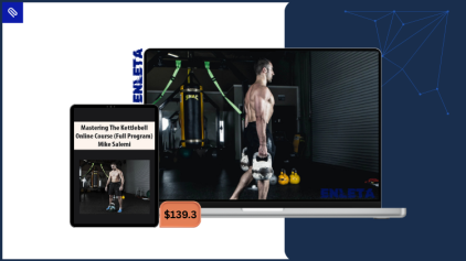 Athlete performing a kettlebell swing with crisp hip hinge and neutral spine from Mike Salemi’s Mastering the Kettlebell course.